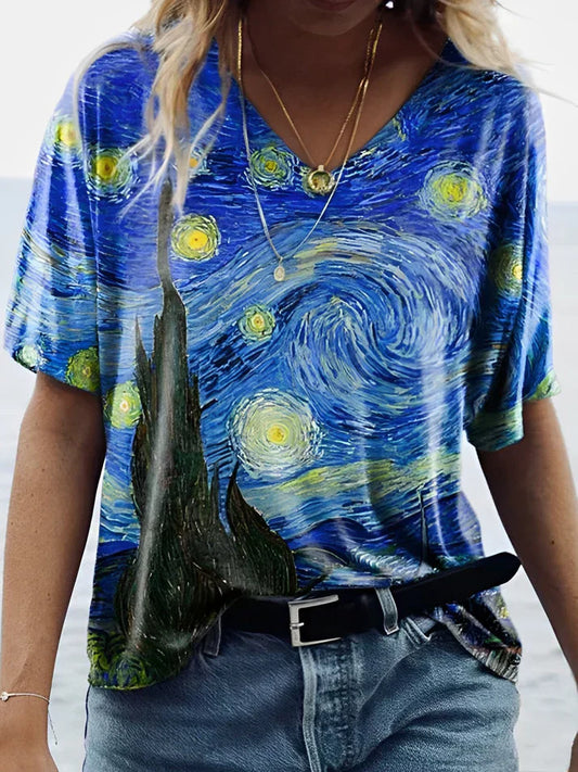 Camiseta cielo estrellado de van gogh con cuello en v estampado