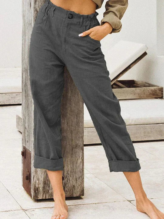 Elegante - pantalón de lino con dobladillo vuelto - comodidad y tendencia