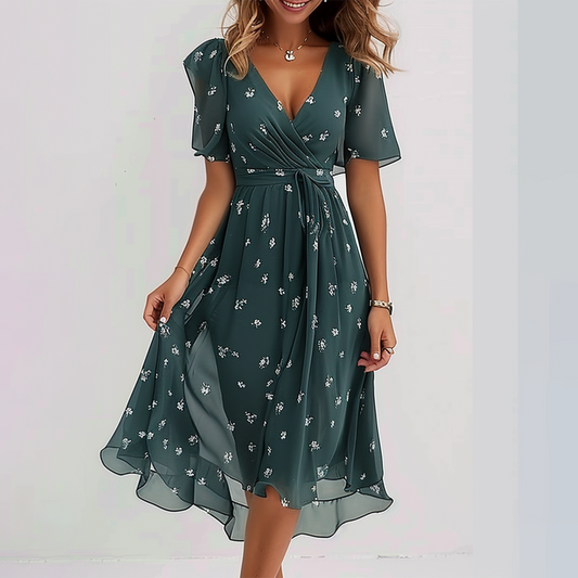 Amalie - Vestido midi Groovy verde con mangas cortas