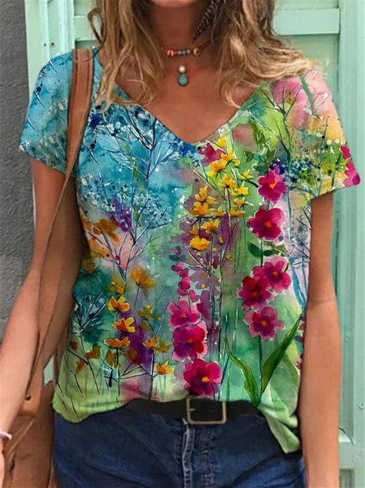 Camiseta con cuello en V floral art Painting