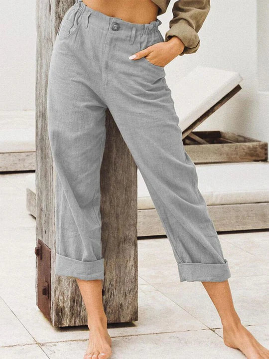 Elegante - pantalón de lino con dobladillo vuelto - comodidad y tendencia