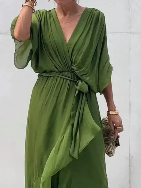 Fiona - vestido midi verde de gasa con escote en pico