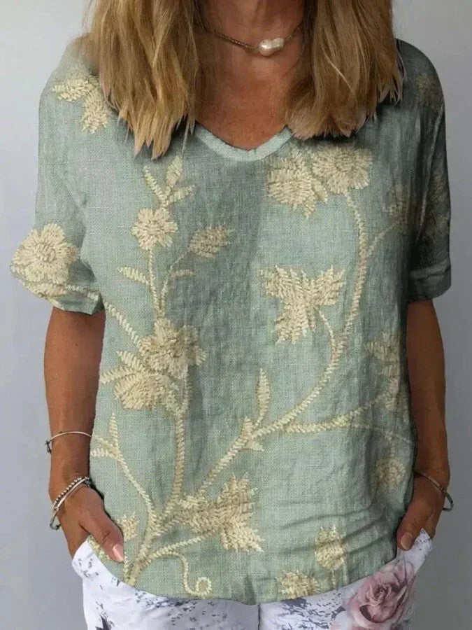 Camisa casual de mujer con estampado floral retro confeccionada en algodón y lino