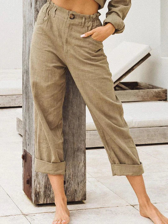 Elegante - pantalón de lino con dobladillo vuelto - comodidad y tendencia