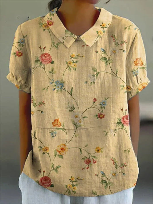 Karla - camisa informal para mujer en algodón y lino con estampado floral retro